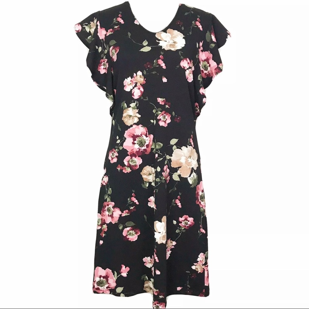 Les Amis Midi Dress Black Pink Floral Flutter Short Sleeves Size Large